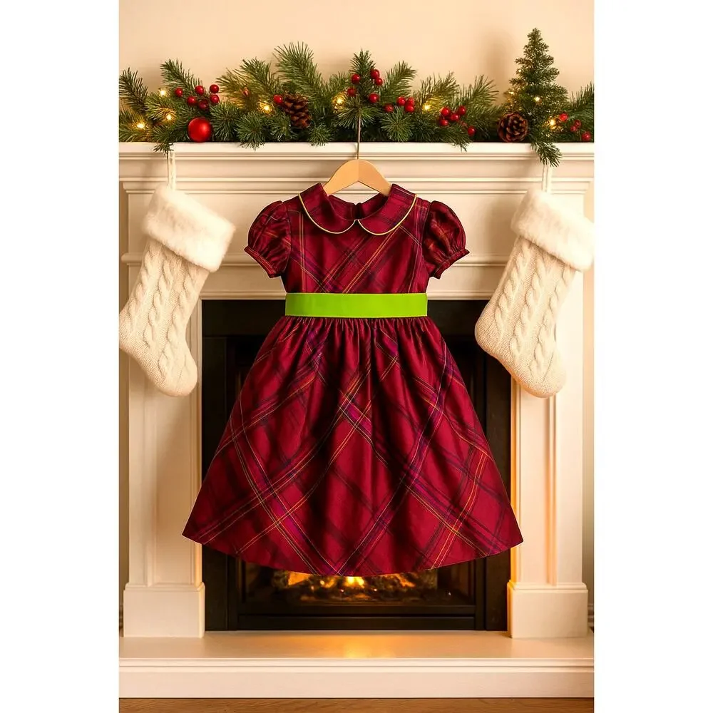 Lilly Pulitzer Girls Size 5 | 100% Silk Plaid Dress | Raspberry & Lime Green